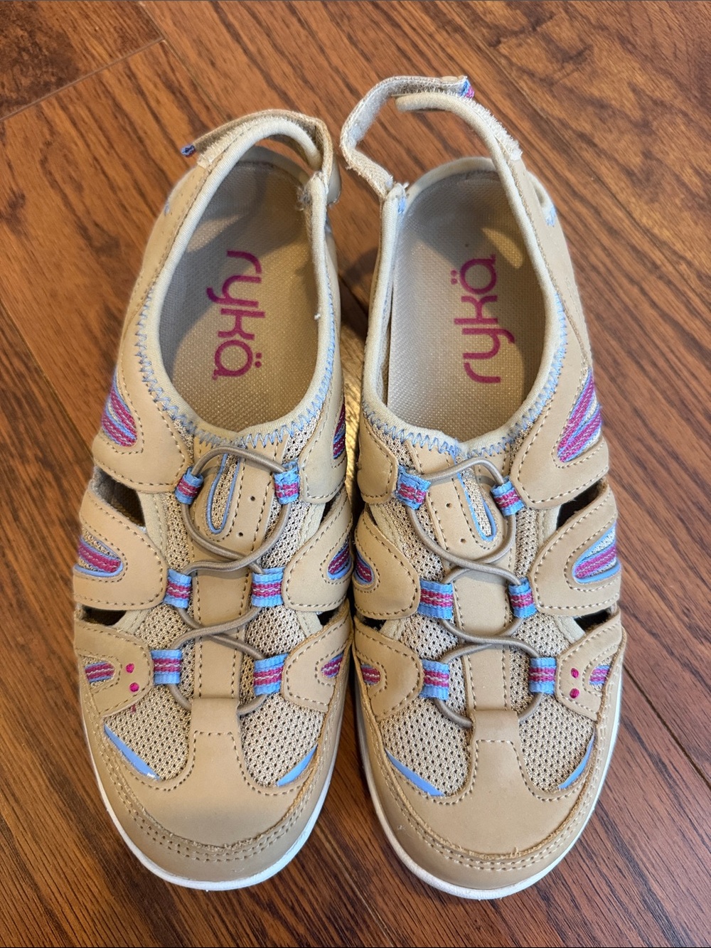 Ryka Women’s Beige Sneakers with Pink and Blue Accents